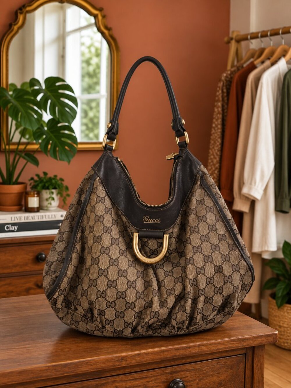 Gucci Abbey D ring canvas hobo bag, Brown GG monogram